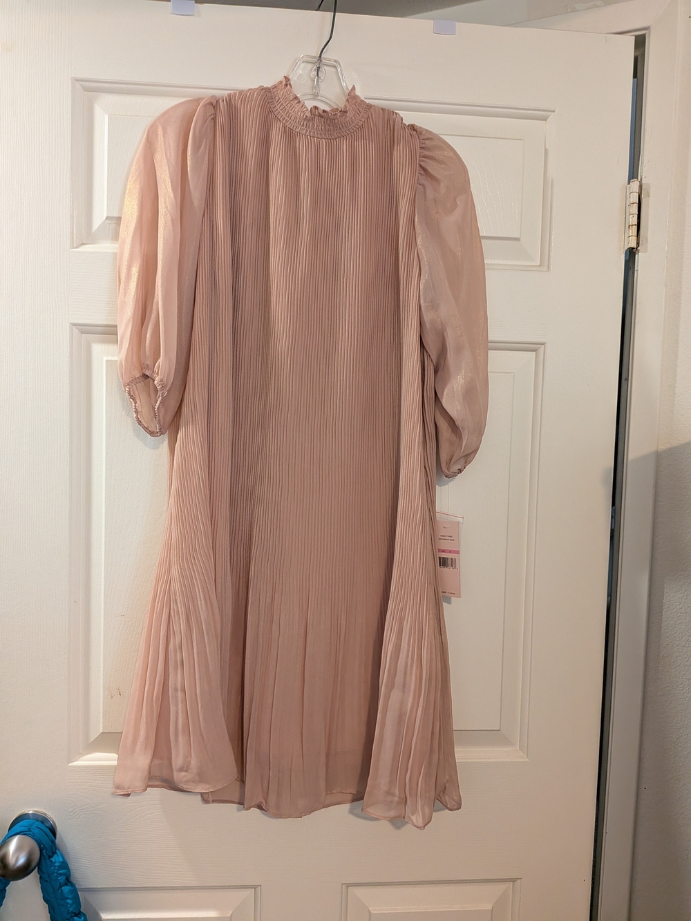Nanette) Blush Pink Pleated Dress with Puff Sleeves